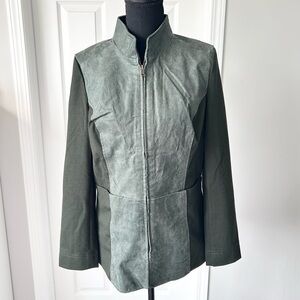 Avon  Olive Green Knit Sleeves Leather Jacket Full Zip